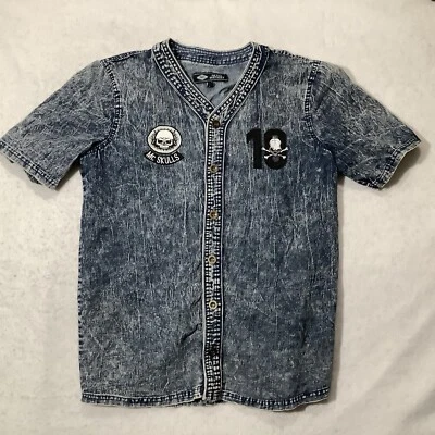 Retro District Shirt Size Large Men Stonewash Denim Button Up Skull Rock Biker — 第 1/4 张图片