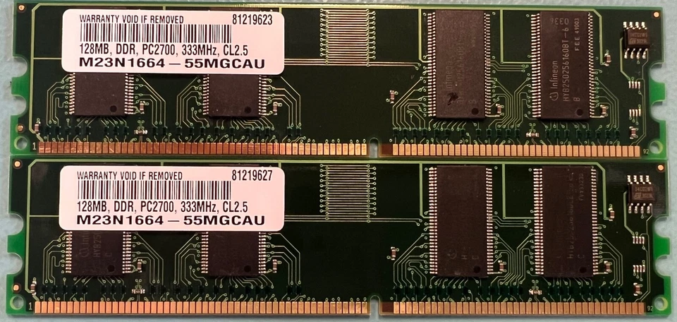 LOT OF 2 New Build M23N1664-55MGCAU DDR 128MB 333Mhz PC-2700 CL2.5 Memory Module - Image 1 of 1