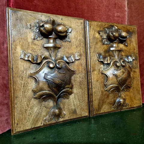 2 Armorial scroll leaf wood carving panel - Antique French architectural salvage Cover