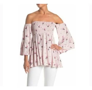 FREE PEOPLE Lana schulterfreie rosa lila Blumenmuster Glockenärmel Tunika Größe M - Bild 1 von 7