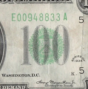 1934 Richmond One Hundred Dollar Bill E00948833A K3 Back Plate 86 - Picture 1 of 11