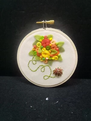 4"Embroidery Hoop Frame With Floral Design Red Orange Wall Decor Handmade #6 - Image 1 of 4