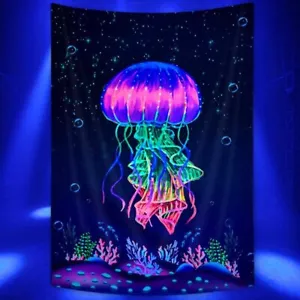 Colorful Jellyfish and Coral Blacklight Tapestry UV Reactive, Animal Tapestry - Picture 1 of 13