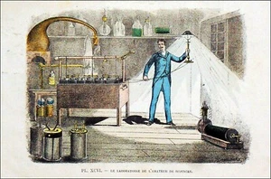 WISSENSCHAFTEN - LABORATORIUM des WISSENSCHAFTSLIEBHABERS im 19. Jahrhundert - Radierung aus dem 19. Jh. - Bild 1 von 3