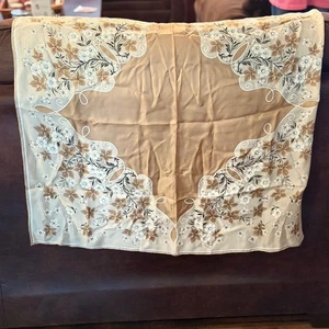 Aqua Scarf Water Repellent Rayon Silk Twill Hand Rolled Floral Brown White - Picture 1 of 3