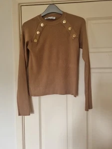 ZARA SZ LGE OR 14 CAMEL COL. STRETCHY RIBBED WAIST LENGTH JUMPER BUTTON DETAIL - Picture 1 of 5
