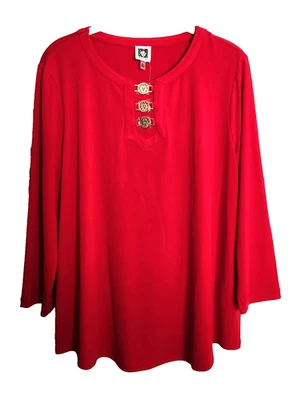 NUEVO CON ETIQUETAS Blusa Anne Klein XL 14 2XL 16 Roja Logo Dorado Poliéster/Spandex Top $79 Foto 1 de 4
