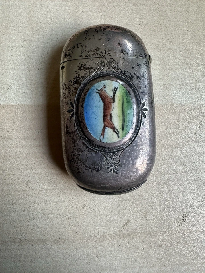 Antiguo estuche Vesta de plata maciza con esmalte de zorro pintado a mano • Sello • Raro Foto 1 de 4