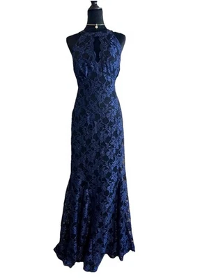 Vestido formal de fiesta azul marino metálico de encaje brillante NIGHTWAY 14 para mujer Foto 1 de 4