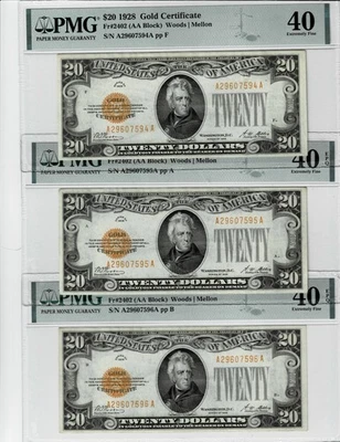 Sequential Triplets 1928 $20 Gold Certificate Fr. 2402 PMG 40 Two of them EPQ - Image 1 of 4