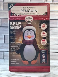 Sombrero y bufanda inflable a cuadros con luces LED de pingüino búfalo de Navidad de 4 pies - Imagen 1 de 3