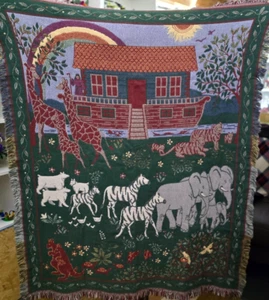 Noahs Ark 48"x60" Woven Tapestry Throw Blanket Fringe Edge Colorful Animals - Picture 1 of 2