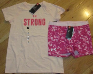 Under Armour pink STRONG top & pink camo bike shorts NWT girls' L YLG - Picture 1 of 2