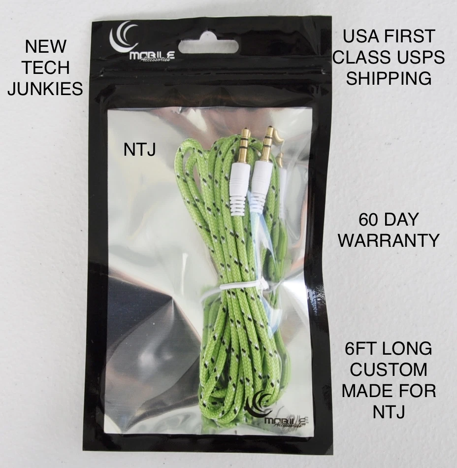 Cable auxiliar de audio estéreo macho trenzado de 6 pies de largo de 3,5 mm para iPhone 5 6 plus Foto 1 de 4