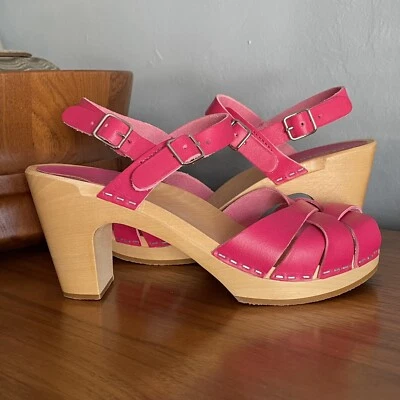 Swedish Hasbeens Pink Leather Sandals Heels Peep Toe Sz 37 - Image 1 of 4