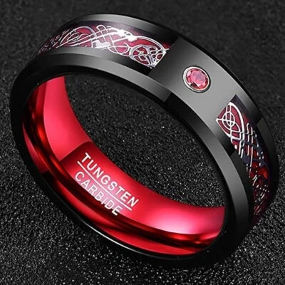 8mm Celtic Dragon Tungsten Carbide Mens Rings Carbon Fiber Wedding Band Comfort - Image 1 of 4