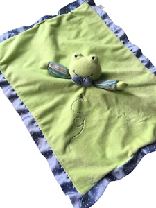 Mary Meyer Green Frog Baby Lovey Security Blanket Crib Toy Blue Satin Trim Plush - Picture 1 of 10