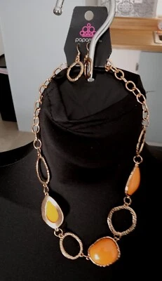 Nuevo Collar y Pendientes Paparazzi Naranja Cabujón Tono Oro #20 Foto 1 de 4