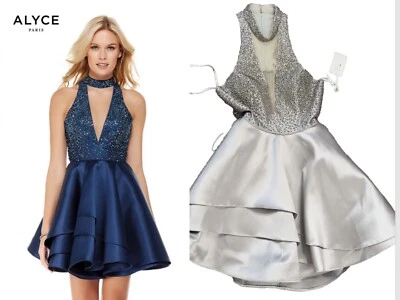 NUEVO CON ETIQUETAS VESTIDO ALYCE PARIS Ajuste N Acampanado Plateado Metal Gris Lentejuelas 8 Foto 1 de 4