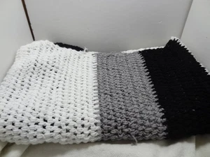 Handmade Crochet Afghan Blanket Black White Gray Striped Knit Throw Vintage - Picture 1 of 5