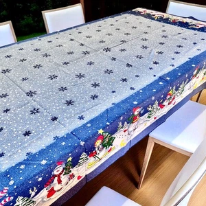 Blue Tablecloth Christmas Holiday Snowmen Snowflakes Cotton Blend 82” x 59” - Picture 1 of 15