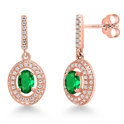 18K Rose Gold Plated Silver Dangle Earrings Nano Emerald Moissanite (1.31 Cttw) - Image 1 of 4