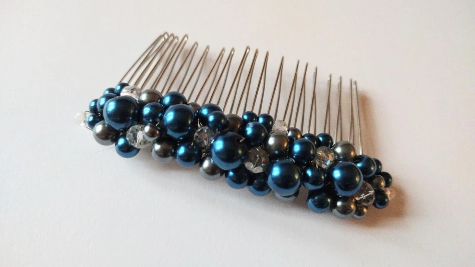 Peine de pelo de cristal azul oscuro perla y cristal gris, dama de honor, graduación, boda Foto 1 de 4