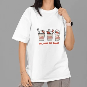 Hello Kitty Tasse Nudeln T-Shirt Unisex Essen Schlafen Wiederholen Lustig Freizeit Streetwear - Bild 1 von 5