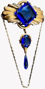 Vintage 1930s Art Deco Festoon Drop Brooch Large Blue Glass Gold Tone Chain - Picture 1 of 9