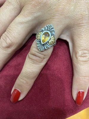 anello vintage in argento ed oro 18kt con pietra citrino centrale - Immagine 1 di 4