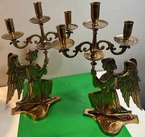 Set Of 2 Large 3 Candle Vintage Brass Angels - Picture 1 of 21