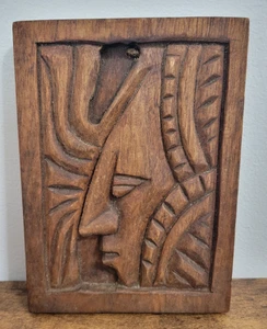 Wood Hand Carved Face Folk Art Rectangle Wall Hanging Plaque - Picture 1 of 2