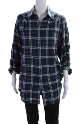 Camisa Vince para mujer a cuadros manga larga con botones azul algodón talla extra pequeña Foto 1 de 4