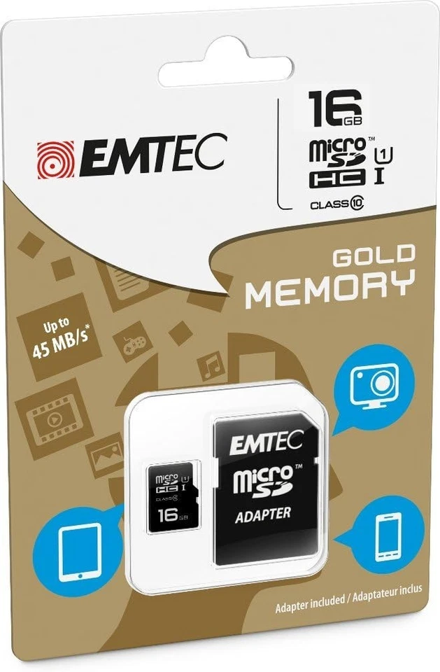 EMTEC Micro SDHC 16gb Class 10 Gold Plus with Adapter - Image 1 of 1