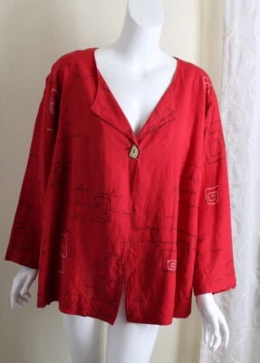 Ruby Rd 20W 1X 2X Red French Embroidered Words Art-to-Wear 3/4 Jacket - Image 1 of 4