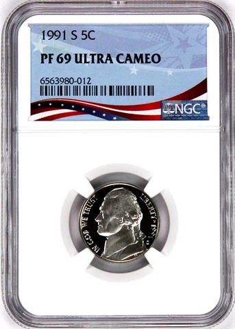 1991-S Proof Jefferson Nickel, Graded PF69UC NGC * OSR Sales Patriotic Label Cover