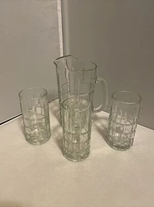 Anchor Hocking Glass Clear Crystal Tartan Plaid Pitcher Ice Lip Handle + Glasses - Picture 1 of 3