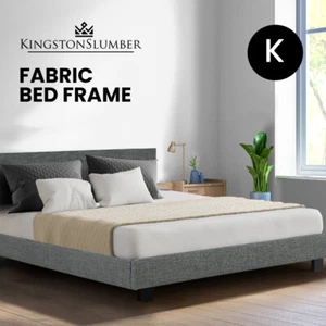 KINGSTON SLUMBER Bed Frame King Mattress Base Wooden Fabric Polyester Grey - Picture 1 of 9