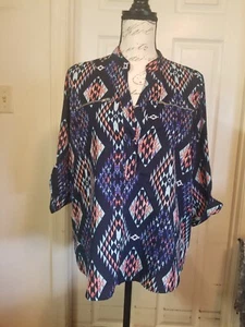 Time To Bloom Blouse Medium Blue Multi Geo Vnck 3/4 Roll Tab Slv HiLo Hem EUC - Picture 1 of 14