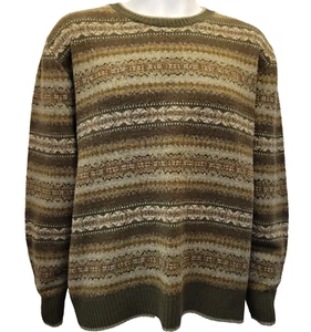 Lands' End sweater mens XL green brown 100% lambs wool Fair Isle VTG Hong Kong - Picture 1 of 19