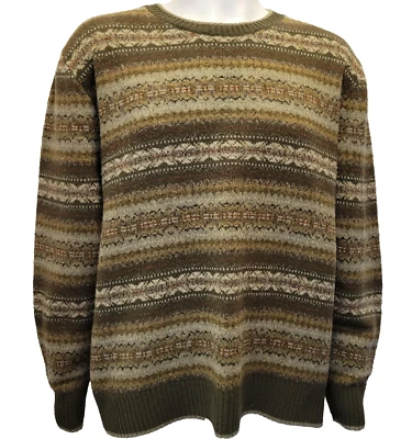 Lands' End sweater mens XL green brown 100% lambs wool Fair Isle VTG Hong Kong - Image 1 of 4