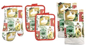 5 pc SET: 2 POT HOLDERS,1 OVEN MITT & 2 TOWELS, OLIVES & OLIVE OIL JAR by KC - Bild 1 von 13