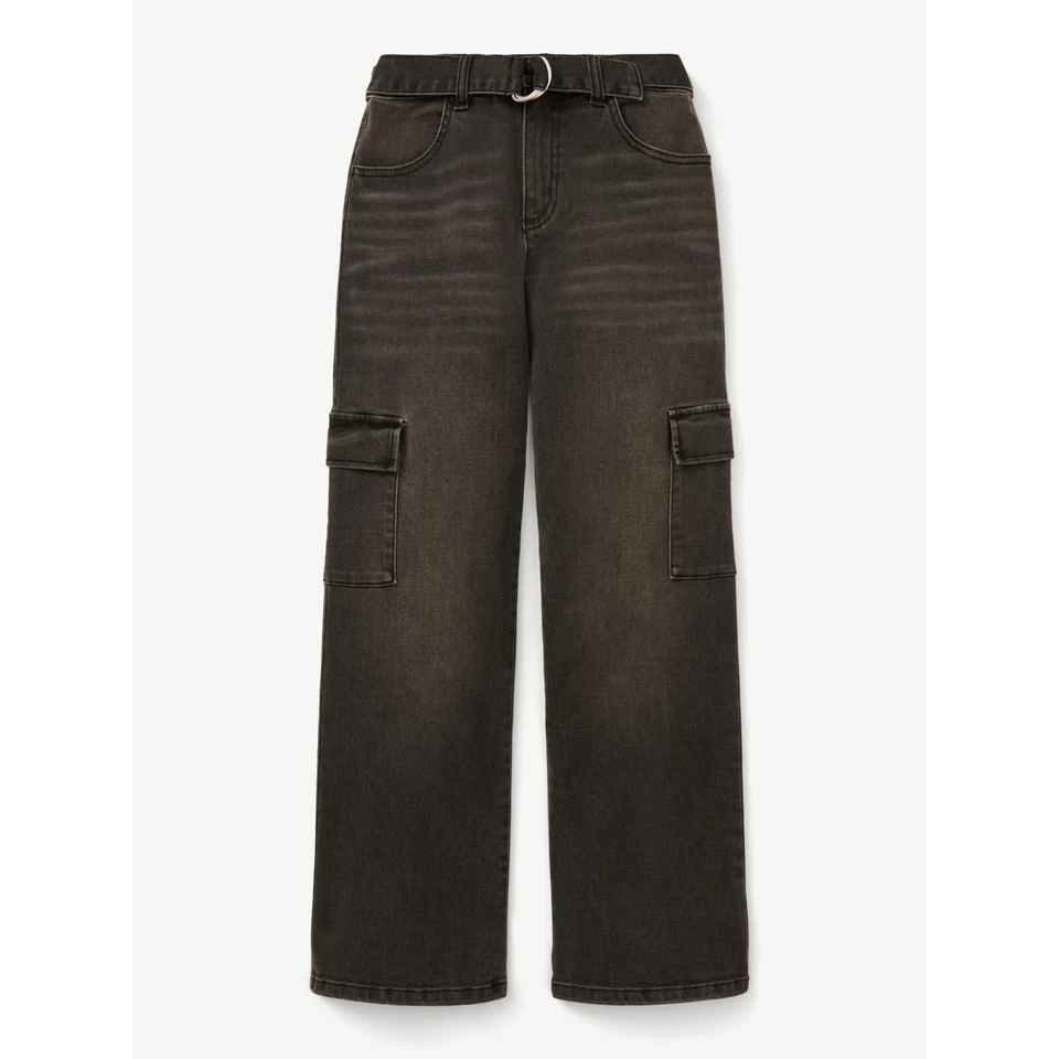 Justice Girls Black Denim Cargo With Belt, Size 18 - Image 1 of 3