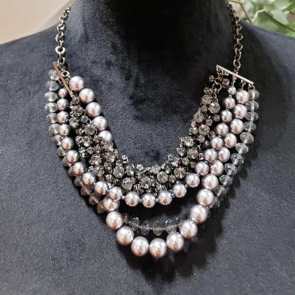 Mujeres Moda Tono Plateado Vidrio Imitación Perla Cuentas Collar Collar con Cierre de Langosta Foto 1 de 4