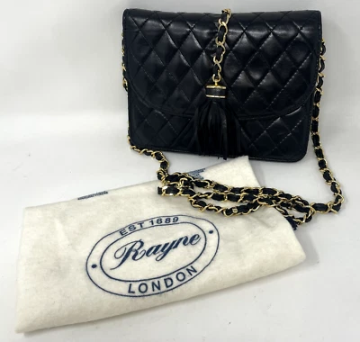 Vintage Rayne London Black Leather Gold Chain Quilted Classic Shoulder Bag Purse - Image 1 of 4