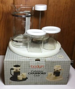 VTG Bodum Cafetiere Chanbord White Trimmed 8-cup Coffee Pot  Cream Sugar & Tray - Picture 1 of 12