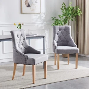 2pcs Grey Fabric Dining Chairs Button-Tufted Upholstered Armchairs with Rivets - Picture 1 of 10