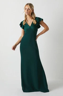 Coast Womens Maxi Dress Emerald Satin V-Neck Angel Sleeve A-Line Bow Back - Image 1 of 4