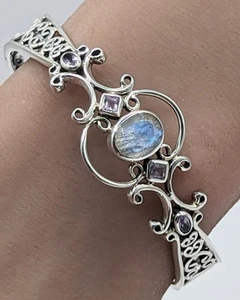 925 Sterling Silver Natural Moonstone & Amethyst Filigree Gemstone Cuff Bangle - Picture 1 of 15