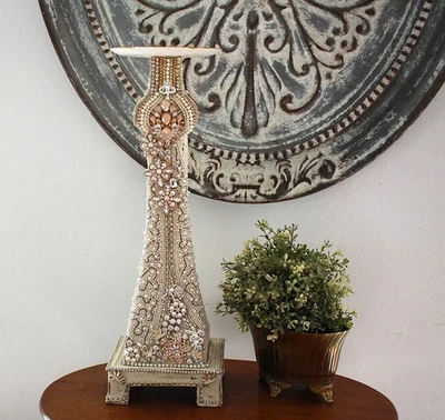 Hollywood Regency Shabby Chic Vintage Jewel Decorated Metal Candle Holder 20" - Image 1 of 4